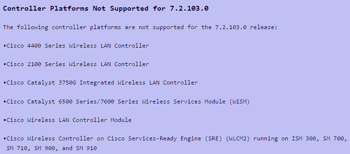 Controller Platforms Not Supported for 7.2.103.0